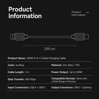 [GOLD #154-Ep.438] 4-in-1 240W Self-Coiling 6.6 ft Fast Charging & Data Cable