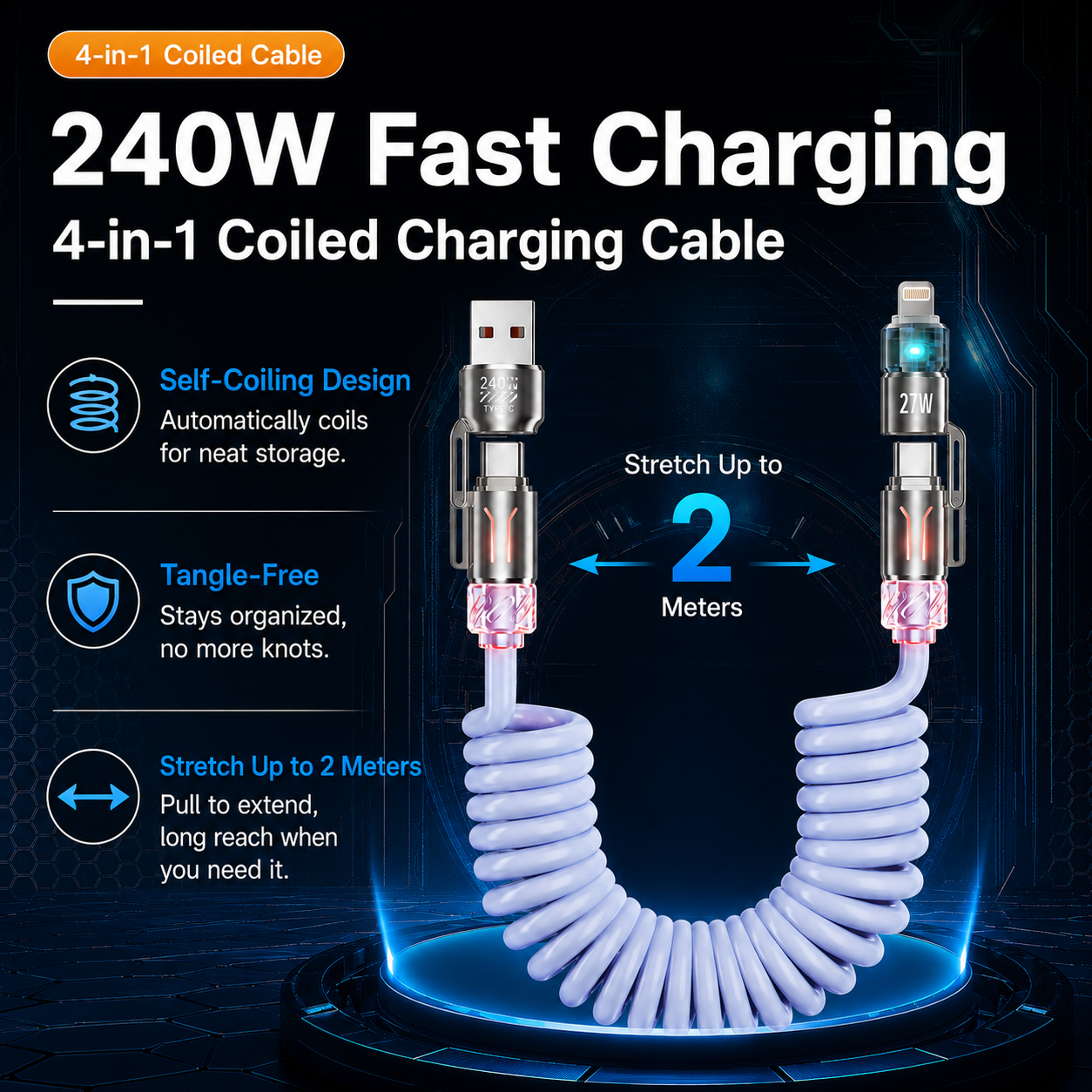 [GOLD #154-Ep.438] 4-in-1 240W Self-Coiling 6.6 ft Fast Charging & Data Cable