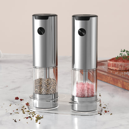 [GOLD] SeasonMate – Stainless Steel Electric Salt & Pepper Grinder Set (2 Grinders + Base)