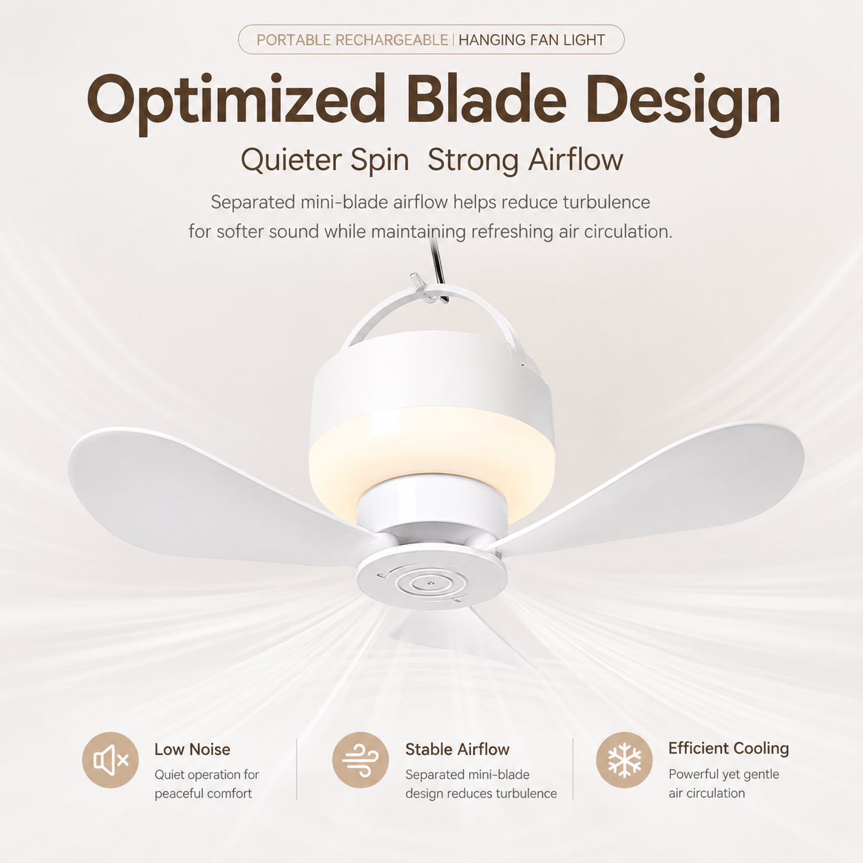 [GOLD] Portable Rechargeable Hanging Fan Light for Indoor & Outdoor Use