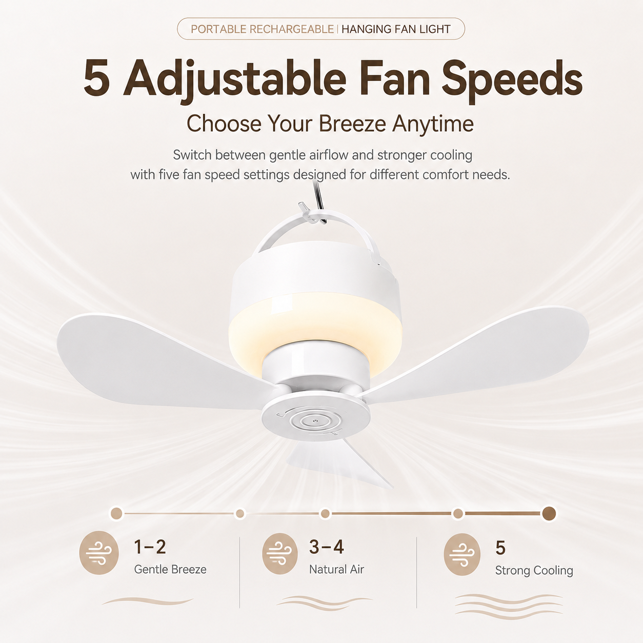 [GOLD] Portable Rechargeable Hanging Fan Light for Indoor & Outdoor Use