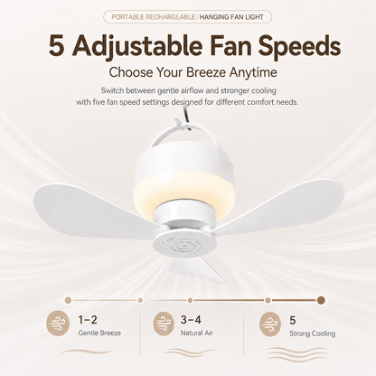 [GOLD] Portable Rechargeable Hanging Fan Light for Indoor & Outdoor Use