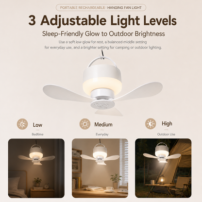 [GOLD] Portable Rechargeable Hanging Fan Light for Indoor & Outdoor Use