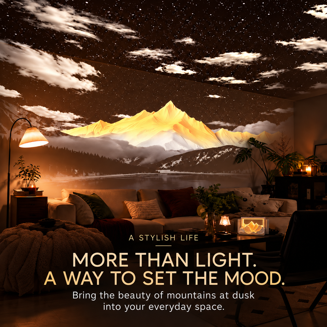 Mountain and starry scenery projected around the illuminated lamp