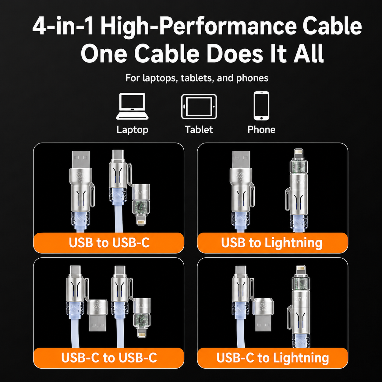 [GOLD #154-Ep.438] 4-in-1 240W Self-Coiling 6.6 ft Fast Charging & Data Cable