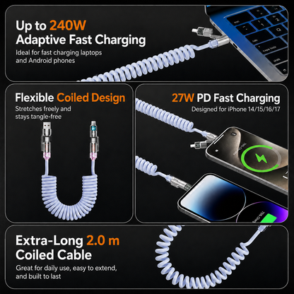 [GOLD #154-Ep.438] 4-in-1 240W Self-Coiling 6.6 ft Fast Charging & Data Cable