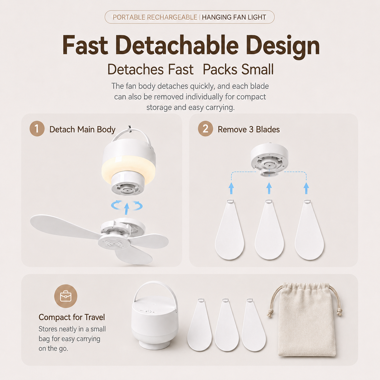 [GOLD] Portable Rechargeable Hanging Fan Light for Indoor & Outdoor Use