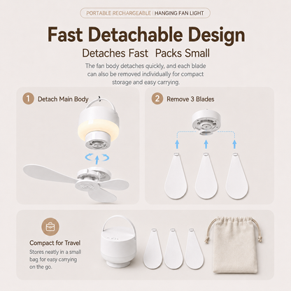 [GOLD] Portable Rechargeable Hanging Fan Light for Indoor & Outdoor Use