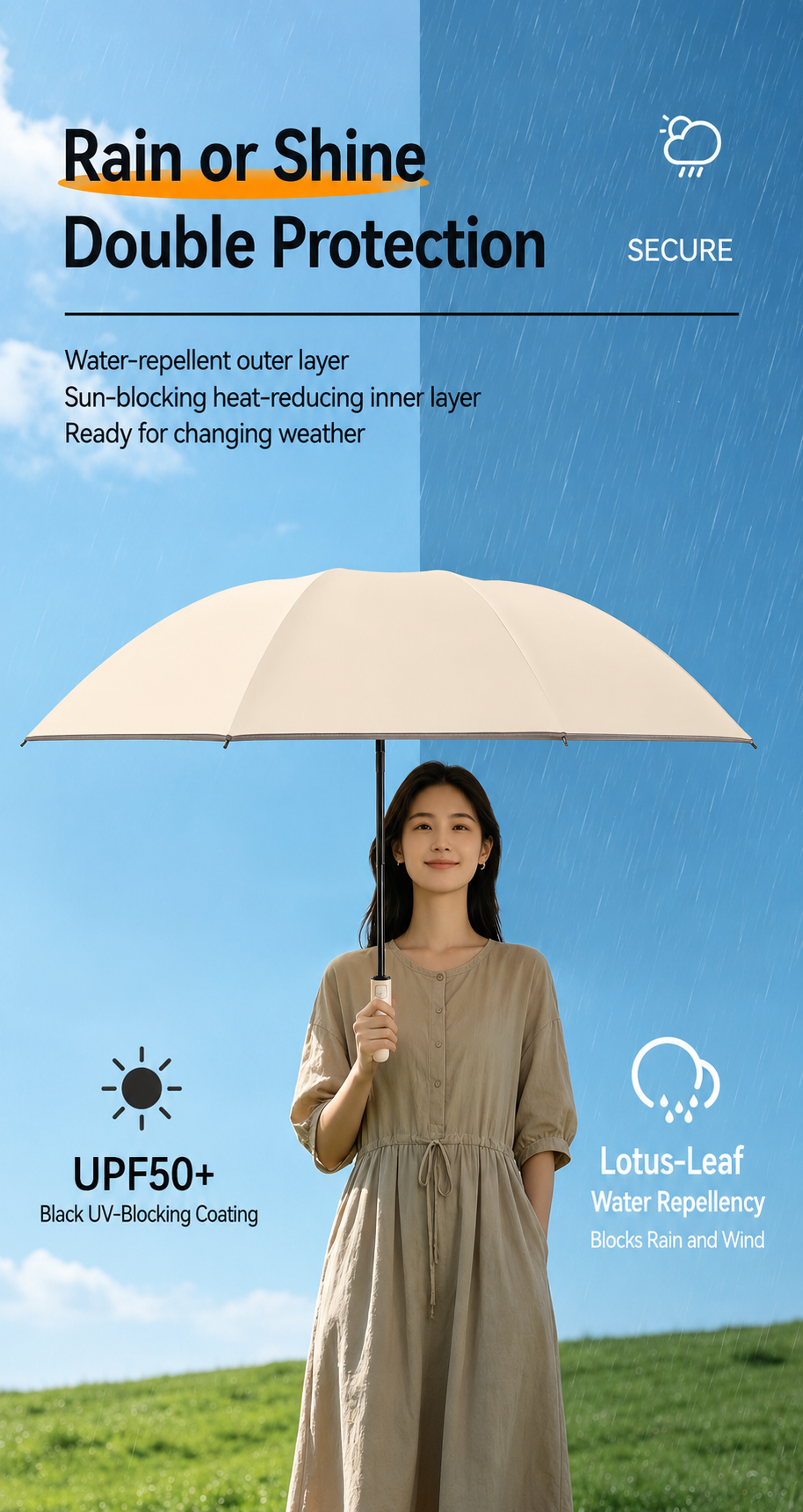 [GOLD] StormGuard Reverse Umbrella – Wind-Resistant Automatic Folding Umbrella with Reflective Trim & UV-Blocking Coating