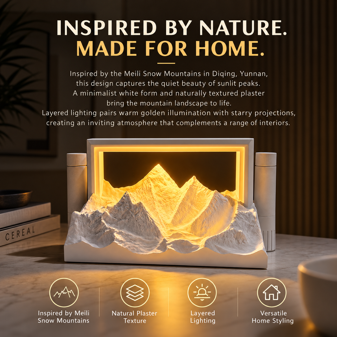 Golden Mountain lamp with illuminated sculpted peaks