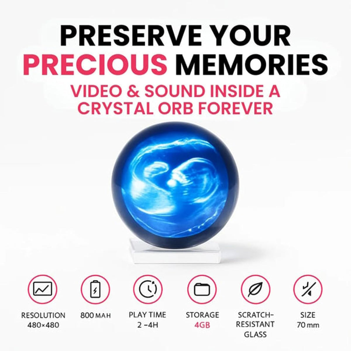 Boule De Cristal 3D Numérique | Memory Orb Lampe Photos Vidéos Personnalisées 7cm - Ultrasons 360° Rechargeable Blanc