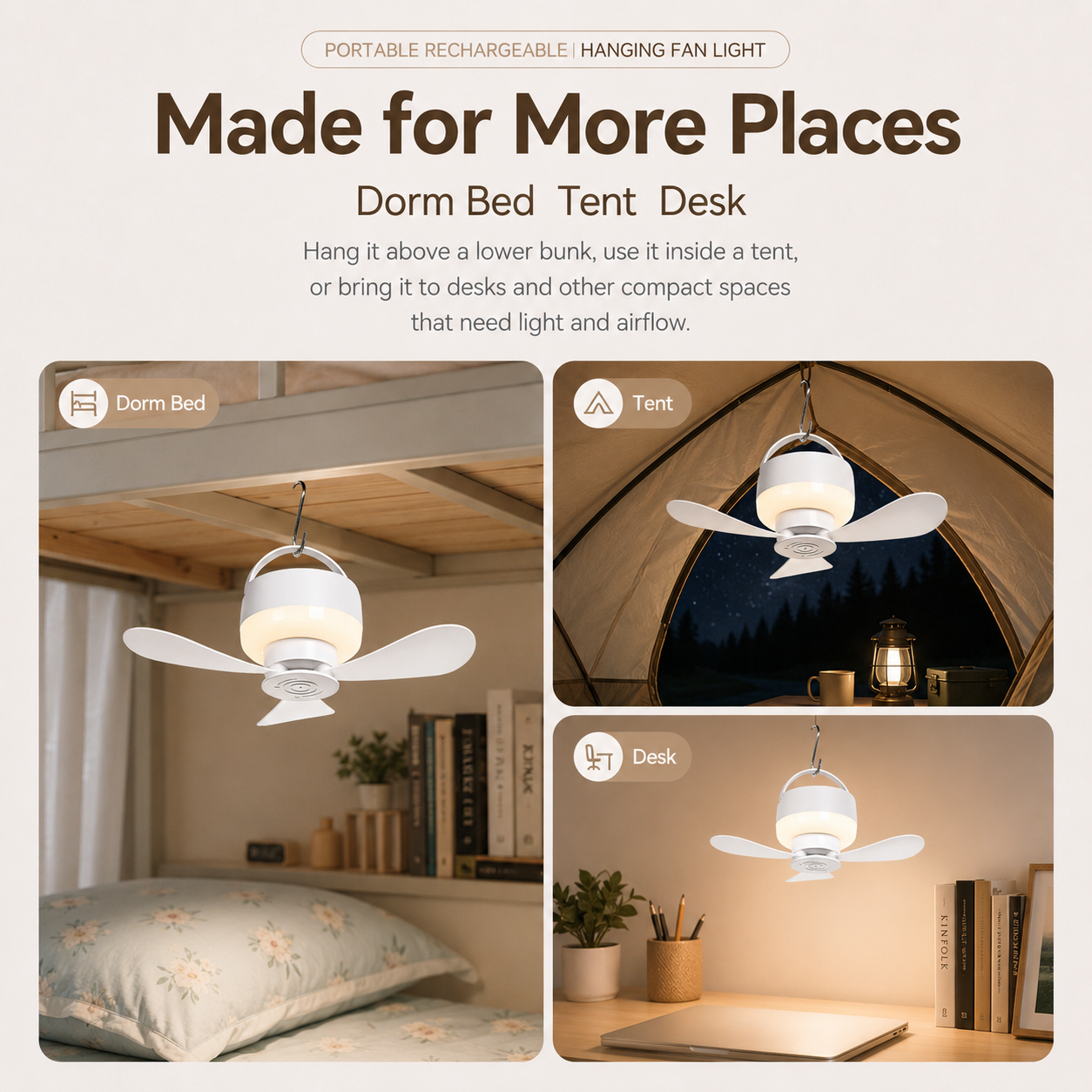 [GOLD] Portable Rechargeable Hanging Fan Light for Indoor & Outdoor Use