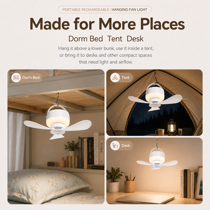 [GOLD] Portable Rechargeable Hanging Fan Light for Indoor & Outdoor Use
