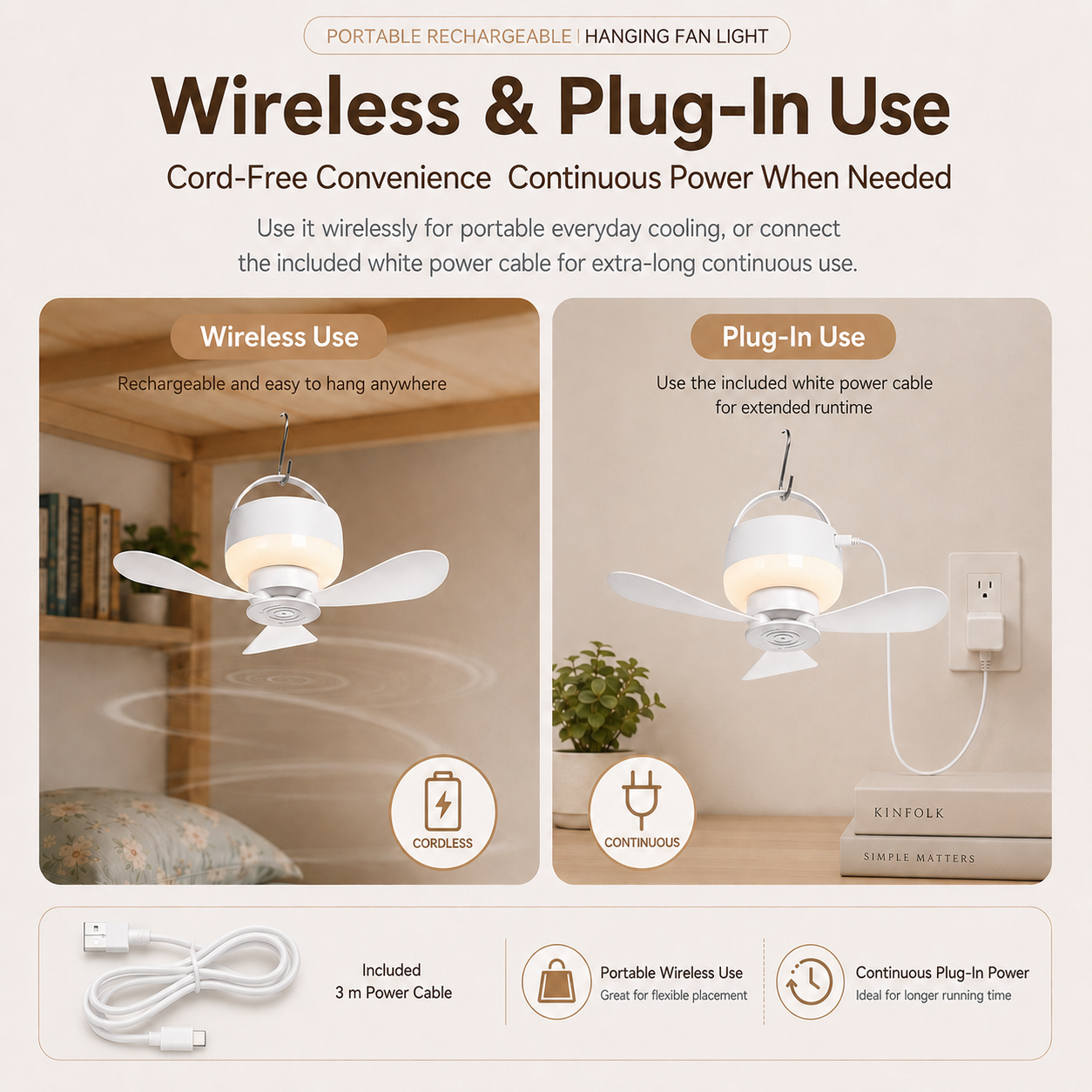 [GOLD] Portable Rechargeable Hanging Fan Light for Indoor & Outdoor Use