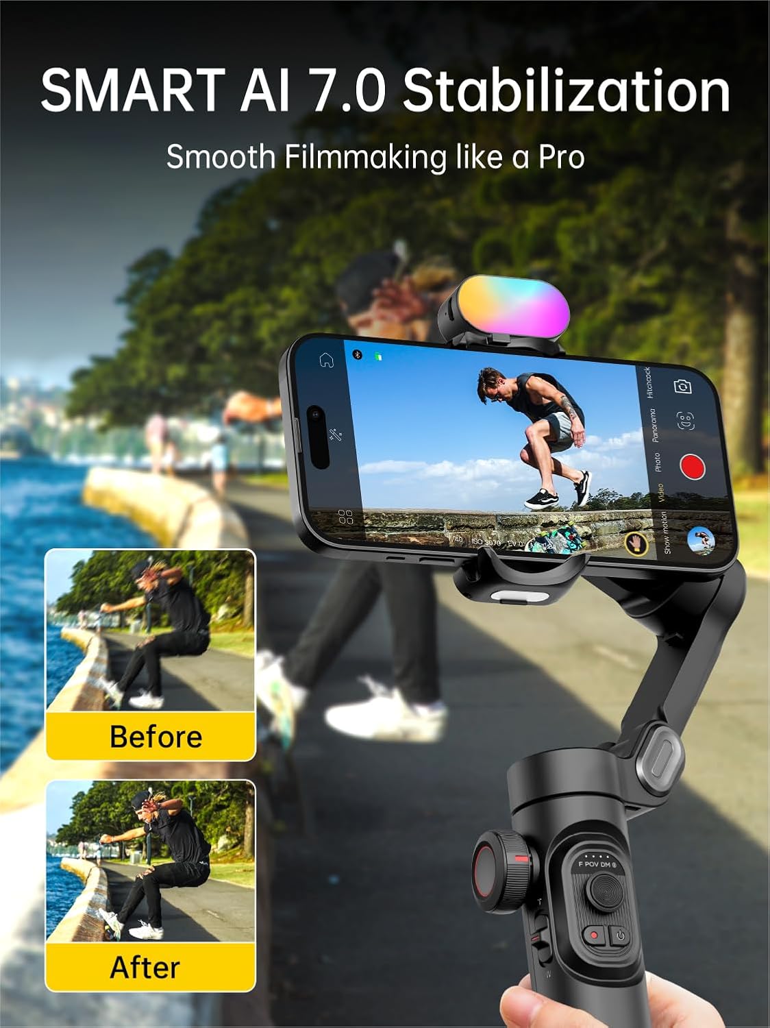 [GOLD] AOCHUAN Smart XE – 3-Axis Foldable Smartphone Gimbal with Gesture Control, Joystick, and AI Face Tracking