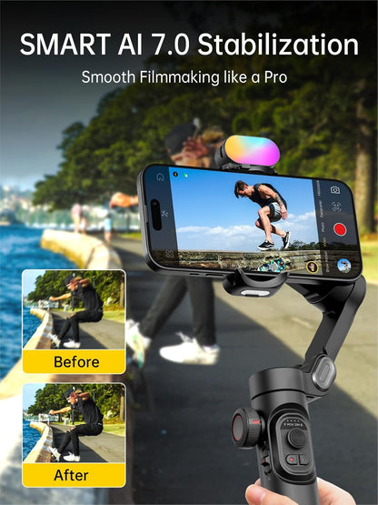 [GOLD] AOCHUAN Smart XE – 3-Axis Foldable Smartphone Gimbal with Gesture Control, Joystick, and AI Face Tracking