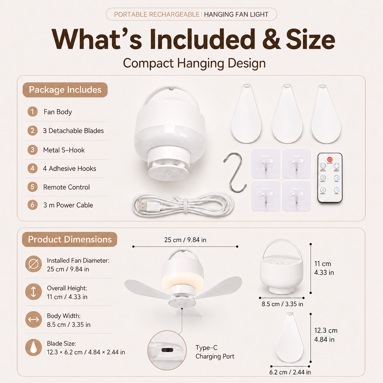 [GOLD] Portable Rechargeable Hanging Fan Light for Indoor & Outdoor Use