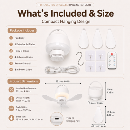 [GOLD] Portable Rechargeable Hanging Fan Light for Indoor & Outdoor Use