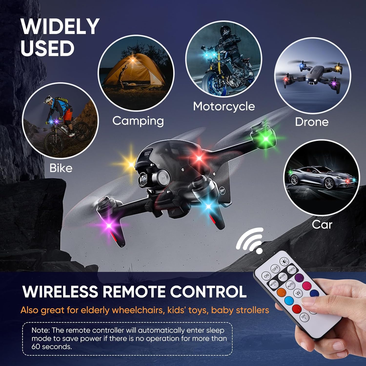 LumeX Flux – LEDs RGB Sans Fil Avec Télécommande, 8 Pièces, Pour Voiture, Vélo, Drone… Ambiance Lumineuse Garantie !