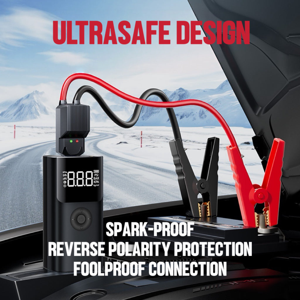 [GOLD] 12V Portable Jump Starter with Built-In Air Compressor and Smart Safety Protection