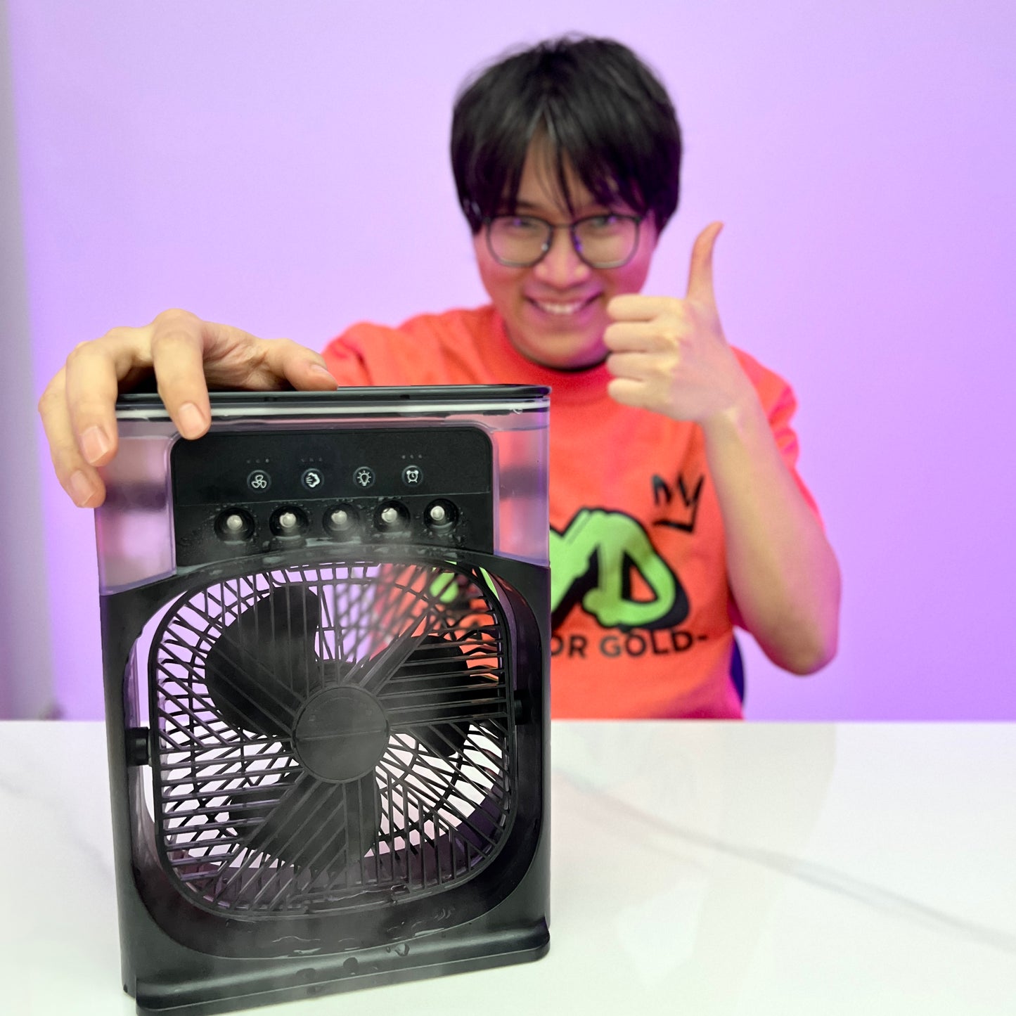 [GOLD] ChillBreeze Pro – Personal Cooling Fan with Adjustable Mist & Ambient Light