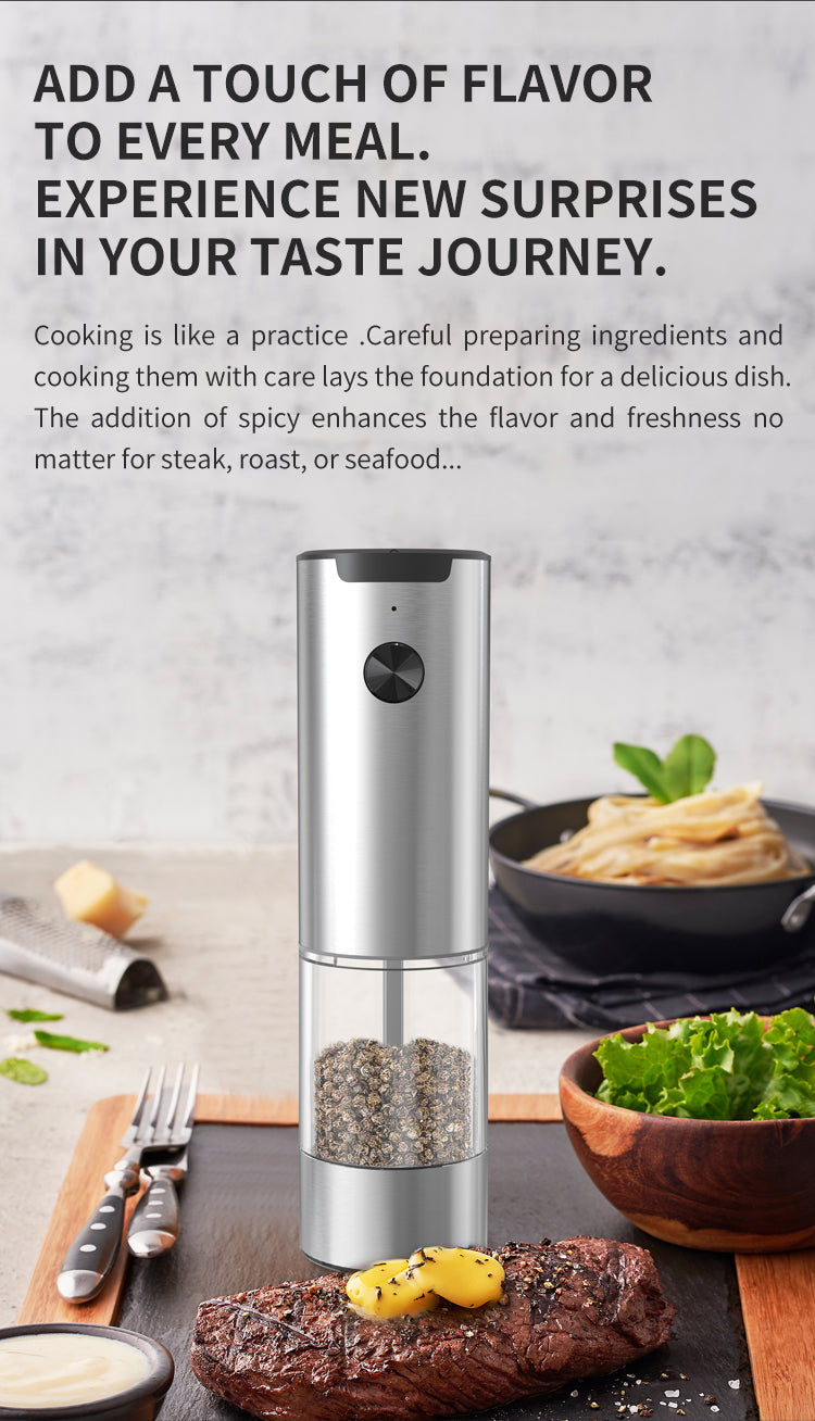 [GOLD] SeasonMate – Stainless Steel Electric Salt & Pepper Grinder Set (2 Grinders + Base)