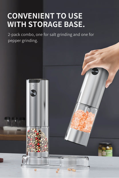 [GOLD] SeasonMate – Stainless Steel Electric Salt & Pepper Grinder Set (2 Grinders + Base)