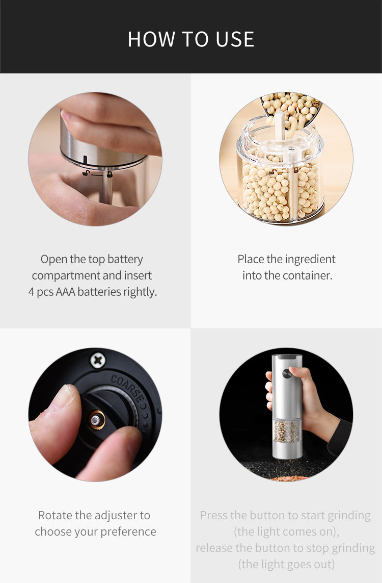 [GOLD] SeasonMate – Stainless Steel Electric Salt & Pepper Grinder Set (2 Grinders + Base)